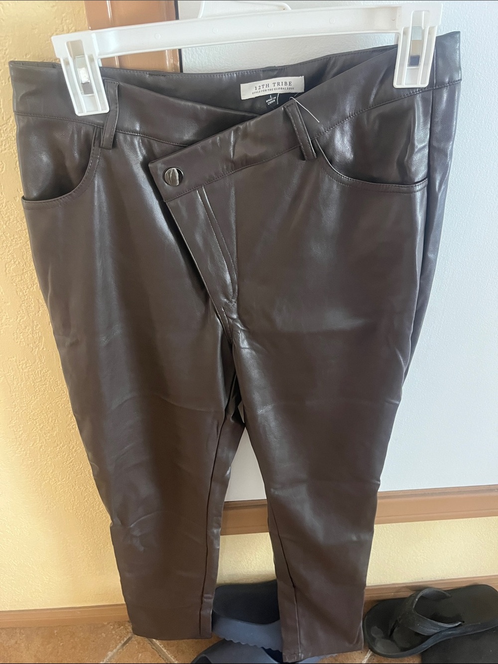 Leather-Look Brown Pants with Asymmetrical Waist